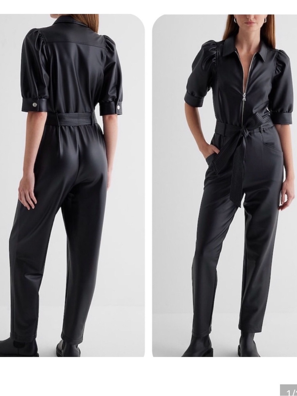 Express Black Faux-Leather Puff-Sleeve Utility Jumpsuit